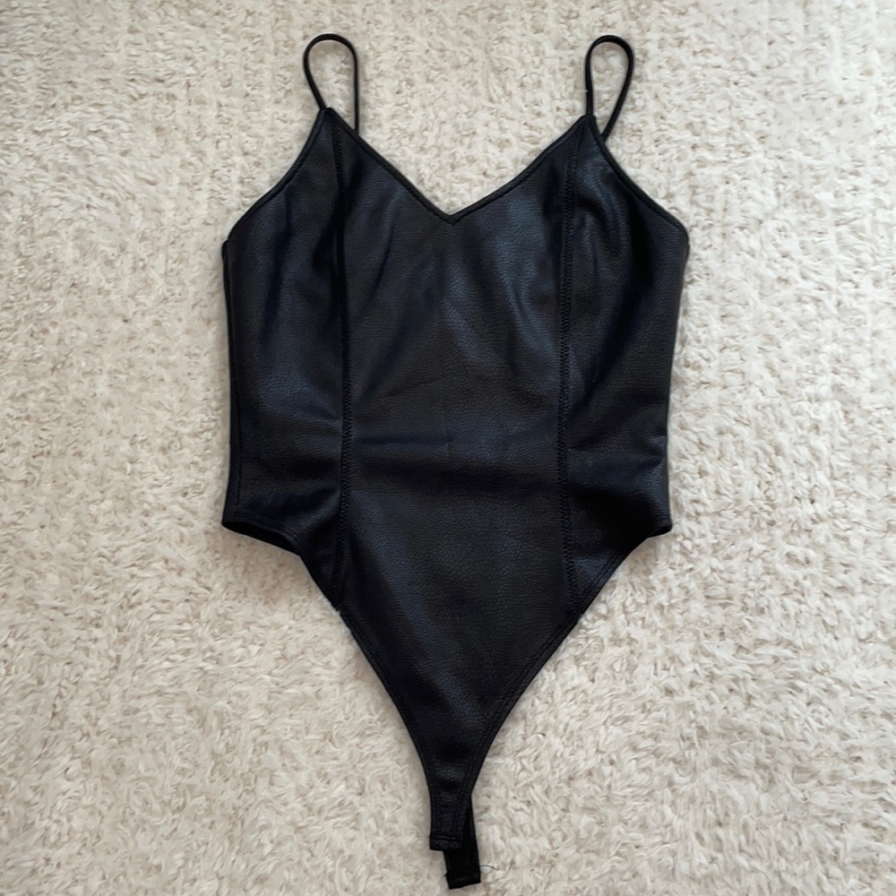 Black faux leather bodysuit